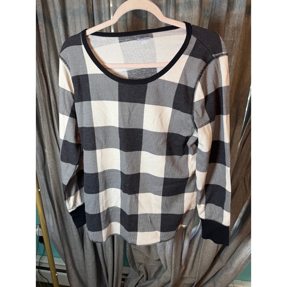 Old Navy Womens XL Buffalo Plaid Thermal Waffle Knit Long Sleeve Top Black White